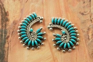 Stunning Earrings featuring Genuine Sleeping Beauty Turquoise set in Sterling Silver. Beautiful Petit Point Design. Many days of painstaking work went into creating this Southwestern Art Masterpiece. Created by Master Zuni Artist Connie Seowtewa. Signed by the artist. The Zuni Pueblo is located in New Mexico, Land of Enchantment.